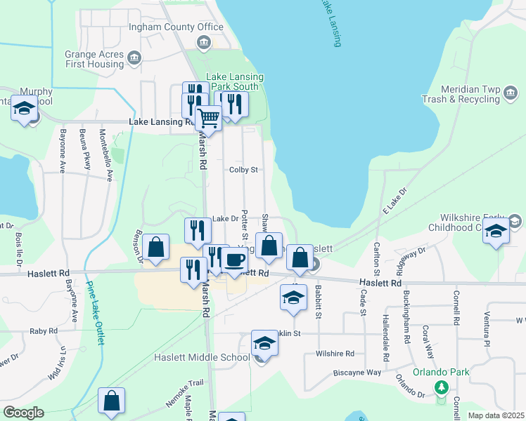 map of restaurants, bars, coffee shops, grocery stores, and more near 5786 Lake Dr in Meridian Charter Township