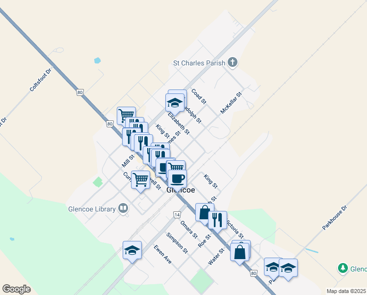 map of restaurants, bars, coffee shops, grocery stores, and more near 229 King Street in Glencoe