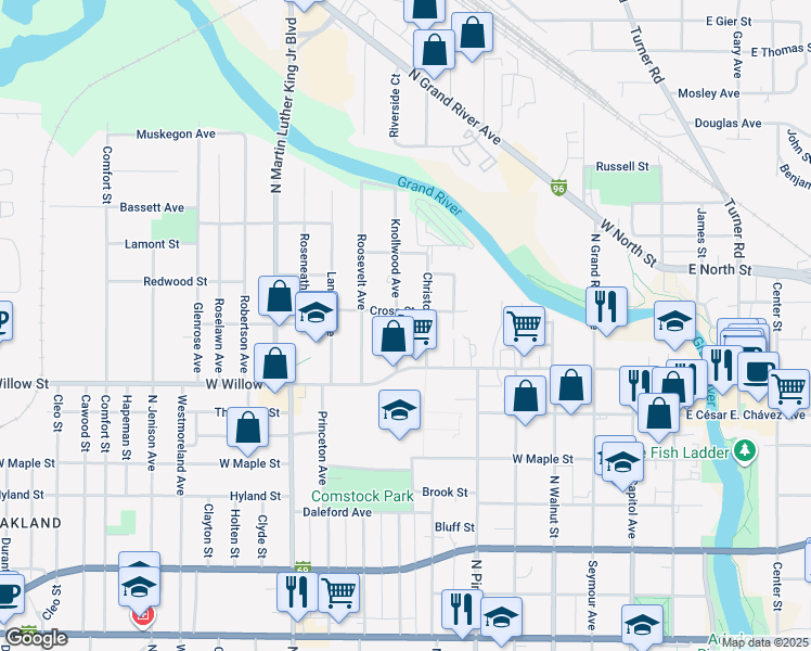 map of restaurants, bars, coffee shops, grocery stores, and more near 1334 Knollwood Ave in Lansing