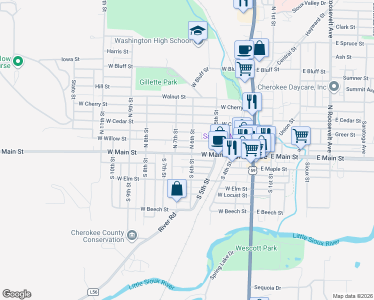 map of restaurants, bars, coffee shops, grocery stores, and more near 619 West Main Street in Cherokee