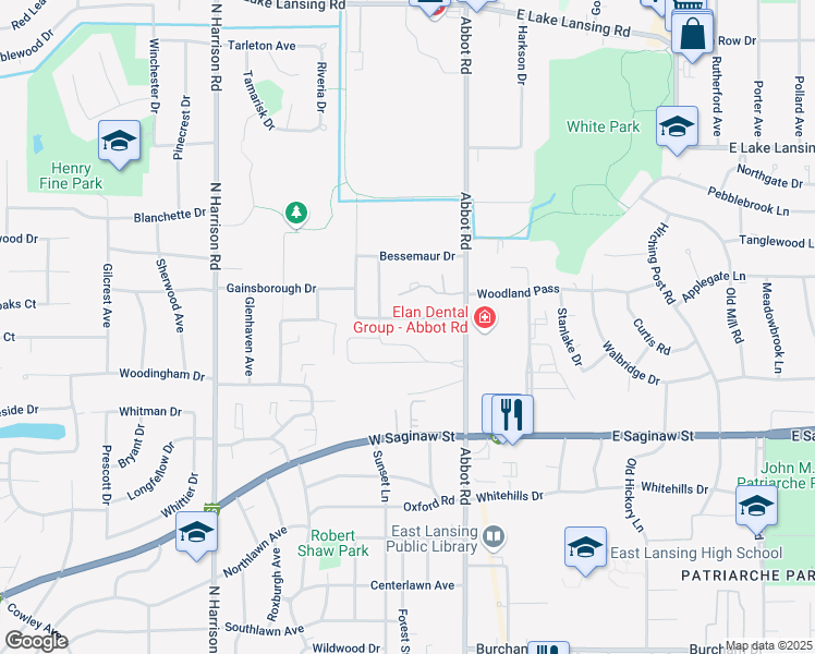 map of restaurants, bars, coffee shops, grocery stores, and more near 211 Loree Drive in East Lansing