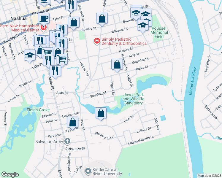 map of restaurants, bars, coffee shops, grocery stores, and more near 60 Spaulding Street in Nashua