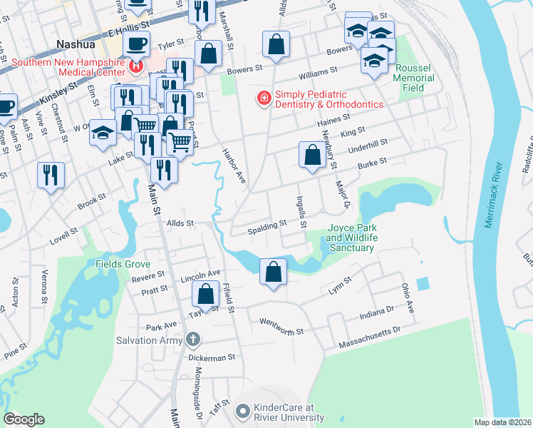 map of restaurants, bars, coffee shops, grocery stores, and more near 21 Benson Avenue in Nashua