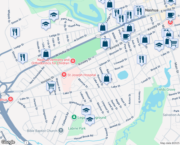 map of restaurants, bars, coffee shops, grocery stores, and more near 22 Wadleigh Street in Nashua