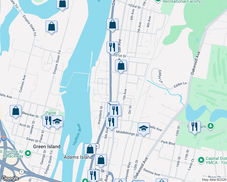 map of restaurants, bars, coffee shops, grocery stores, and more near 3165 6th Avenue in Troy