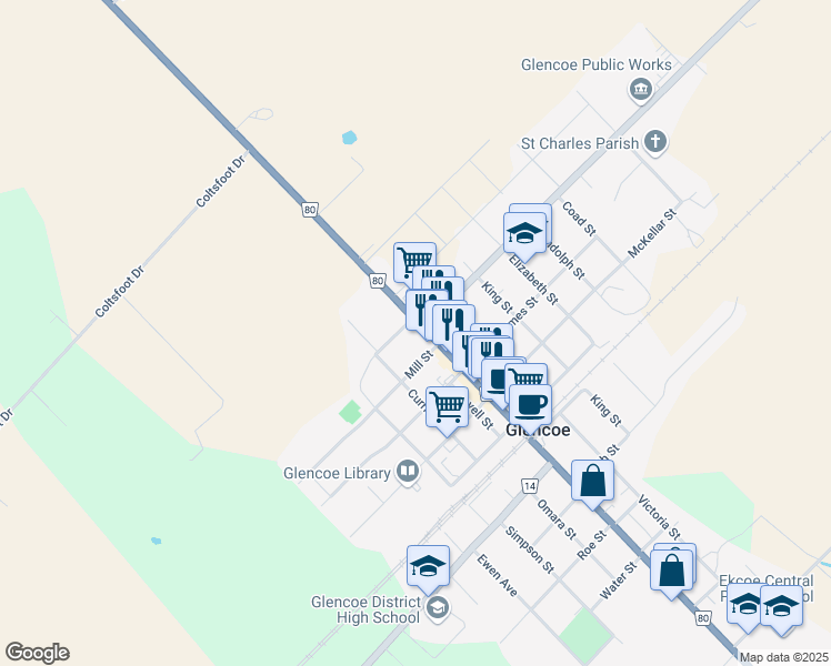 map of restaurants, bars, coffee shops, grocery stores, and more near 267 Main Street in Glencoe