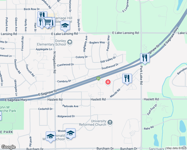 map of restaurants, bars, coffee shops, grocery stores, and more near 1732 Cambria Drive in East Lansing