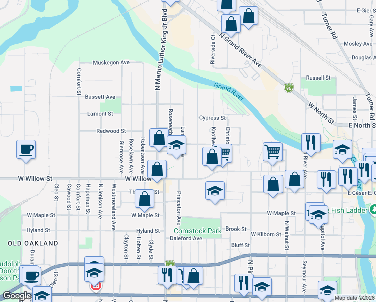 map of restaurants, bars, coffee shops, grocery stores, and more near 1354 Lansing Avenue in Lansing
