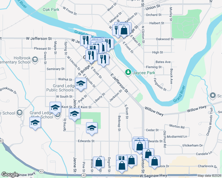 map of restaurants, bars, coffee shops, grocery stores, and more near 409 East Scott Street in Grand Ledge