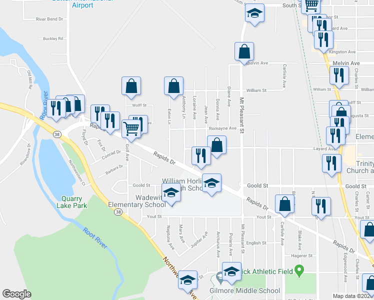map of restaurants, bars, coffee shops, grocery stores, and more near in Racine