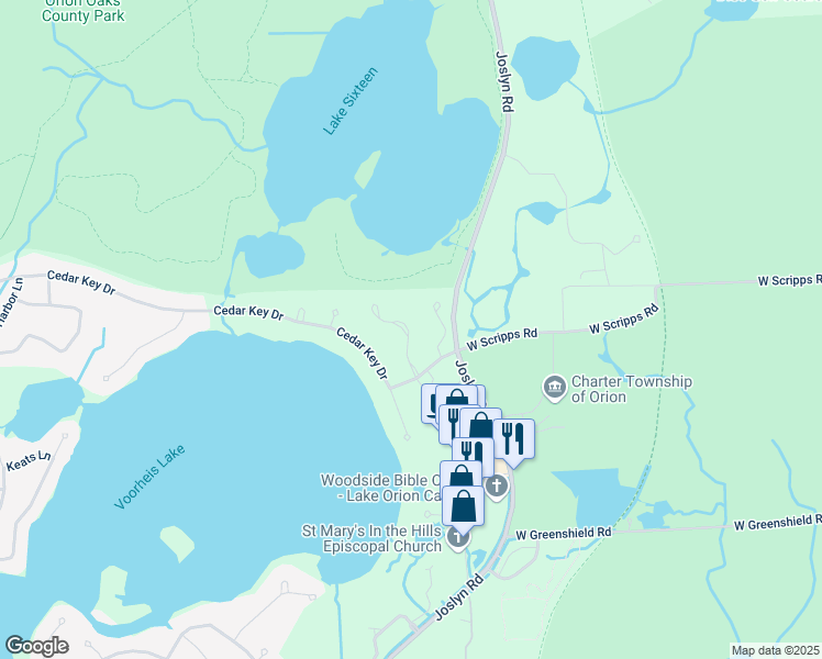 map of restaurants, bars, coffee shops, grocery stores, and more near 1889 Hunters Lane in Orion charter Township
