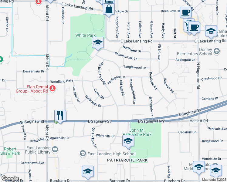 map of restaurants, bars, coffee shops, grocery stores, and more near 1515 Old Mill Road in East Lansing