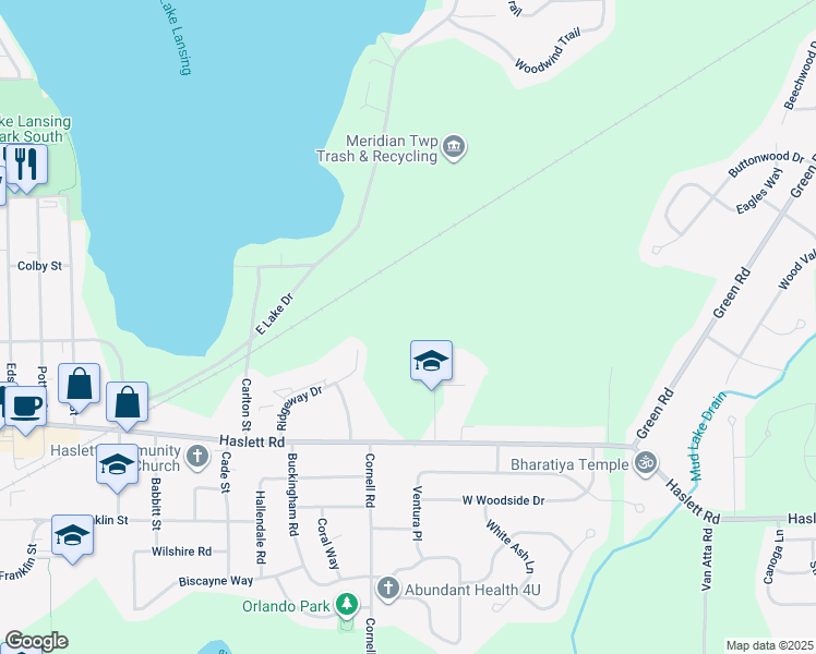 map of restaurants, bars, coffee shops, grocery stores, and more near 1206 Academic Way in Meridian charter Township