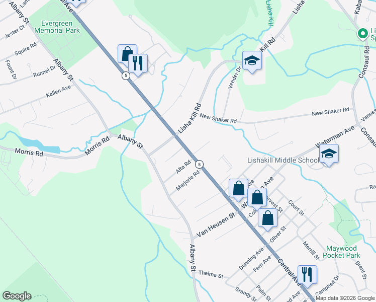 map of restaurants, bars, coffee shops, grocery stores, and more near 98 Marilou Street in Albany