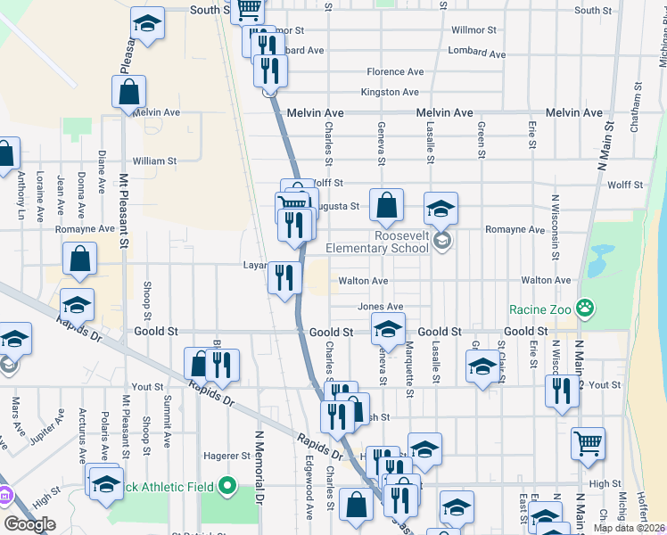 map of restaurants, bars, coffee shops, grocery stores, and more near 2317 Charles Street in Racine