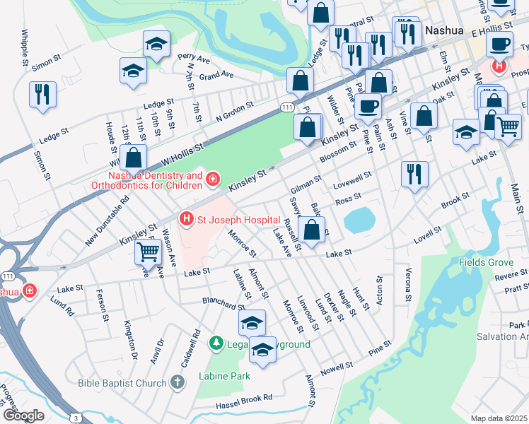 map of restaurants, bars, coffee shops, grocery stores, and more near 22 Wadleigh Street in Nashua
