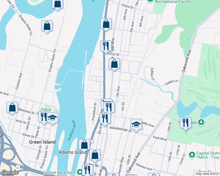 map of restaurants, bars, coffee shops, grocery stores, and more near 3165 6th Avenue in Troy