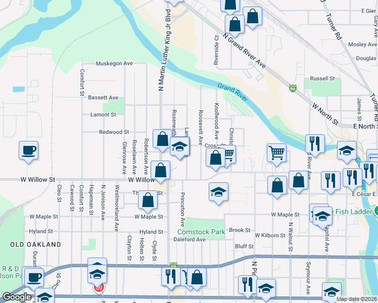 map of restaurants, bars, coffee shops, grocery stores, and more near 1354 Lansing Avenue in Lansing