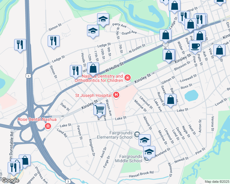 map of restaurants, bars, coffee shops, grocery stores, and more near 172 Kinsley Street in Nashua