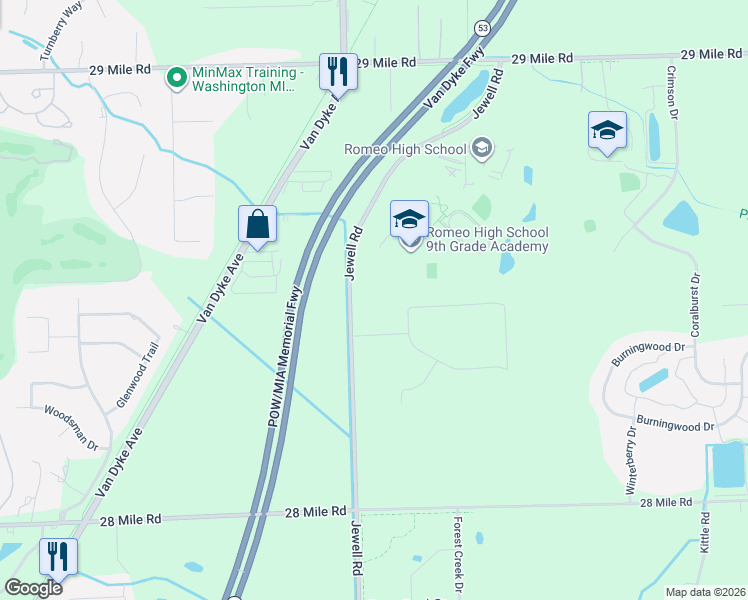 map of restaurants, bars, coffee shops, grocery stores, and more near 61980 Jewell Road in Washington