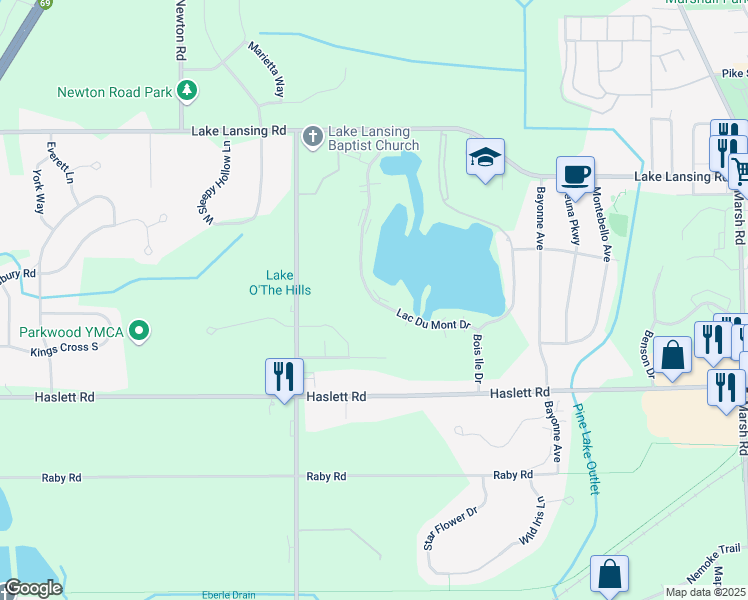map of restaurants, bars, coffee shops, grocery stores, and more near 2005 Lac Du Mont Drive in Meridian charter Township