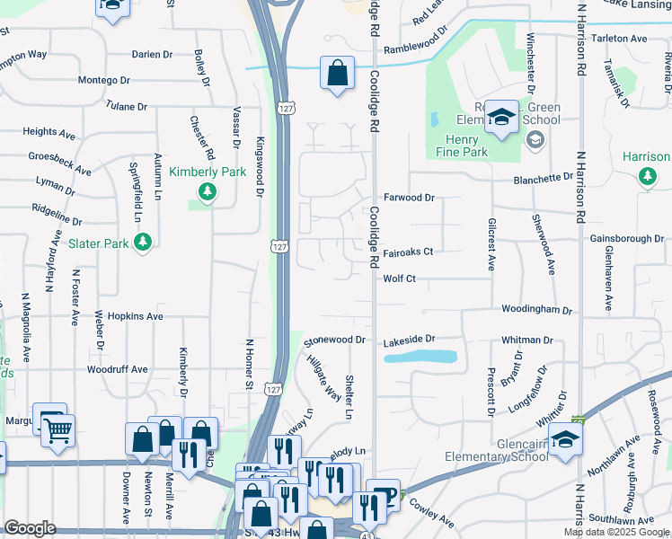 map of restaurants, bars, coffee shops, grocery stores, and more near 1551 Pebblecreek Boulevard in East Lansing