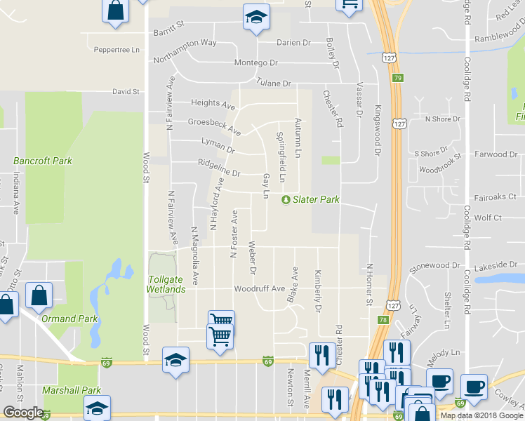 map of restaurants, bars, coffee shops, grocery stores, and more near 1503 Gay Lane in Lansing
