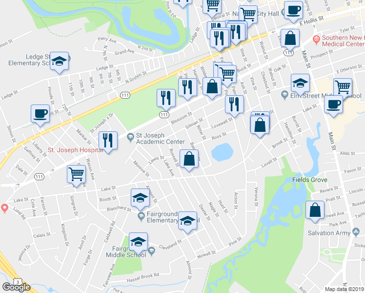 map of restaurants, bars, coffee shops, grocery stores, and more near 30 Sawyer Street in Nashua
