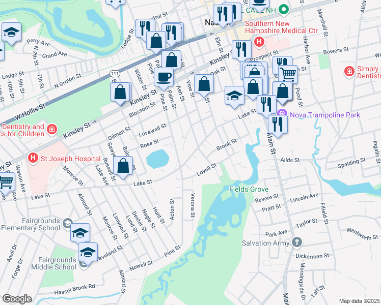 map of restaurants, bars, coffee shops, grocery stores, and more near 55 Lake Street in Nashua