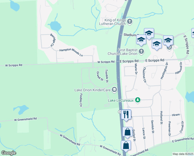 map of restaurants, bars, coffee shops, grocery stores, and more near 2106 Orwell Street in Orion charter Township