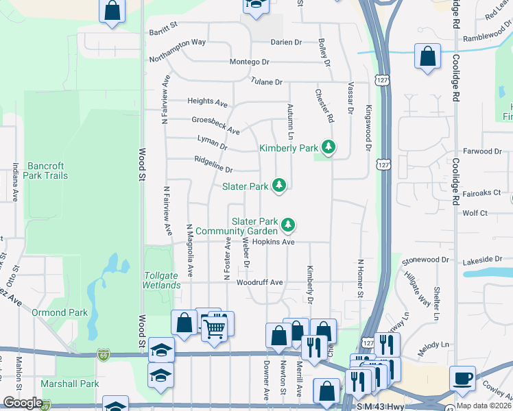 map of restaurants, bars, coffee shops, grocery stores, and more near 1503 Gay Lane in Lansing