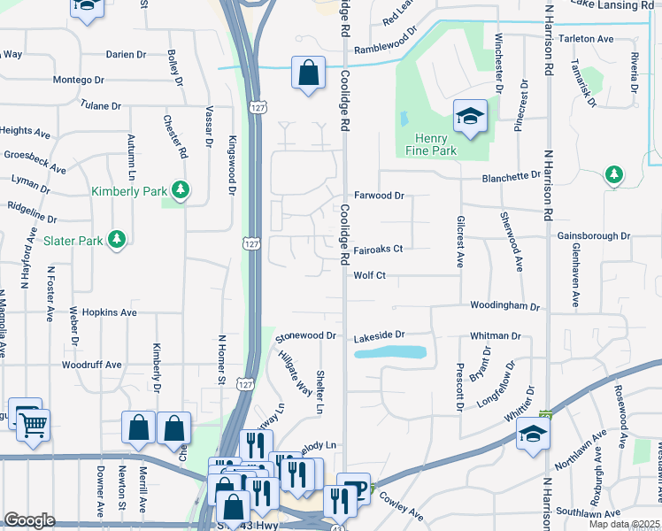 map of restaurants, bars, coffee shops, grocery stores, and more near 1411 Meadow Rue Street in East Lansing
