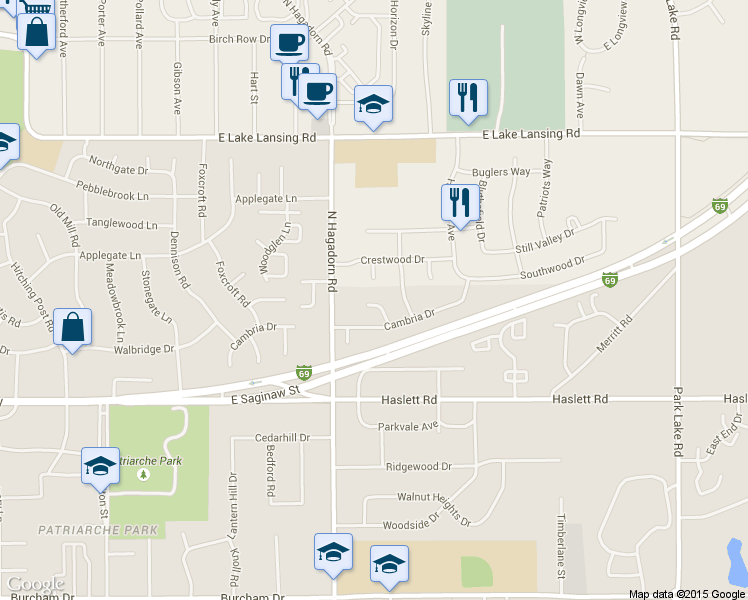 map of restaurants, bars, coffee shops, grocery stores, and more near 1442 Karlin Ct in East Lansing