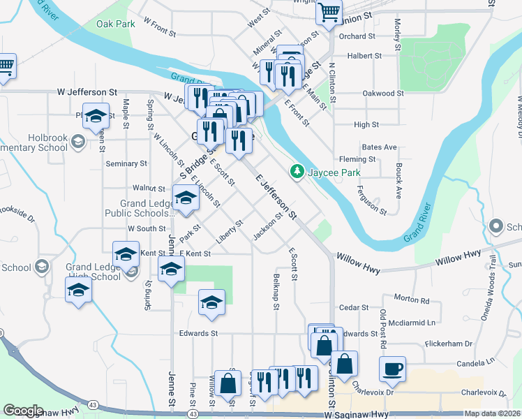 map of restaurants, bars, coffee shops, grocery stores, and more near 409 East Scott Street in Grand Ledge