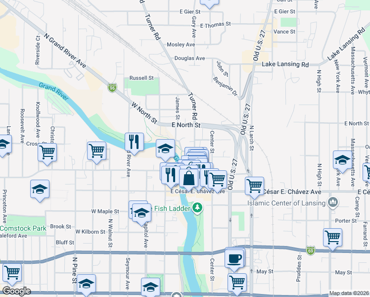 map of restaurants, bars, coffee shops, grocery stores, and more near 1408 Dodge River Drive in Lansing