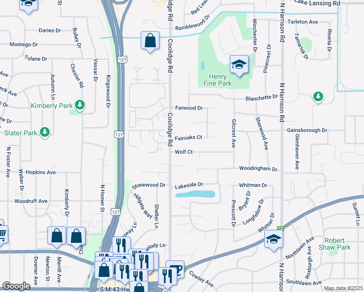 map of restaurants, bars, coffee shops, grocery stores, and more near 1408 Wolf Court in East Lansing