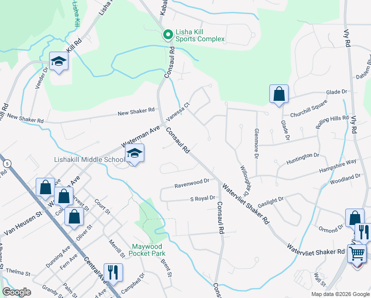 map of restaurants, bars, coffee shops, grocery stores, and more near 220 Consaul Road in Albany