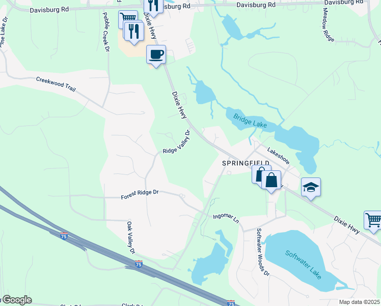 map of restaurants, bars, coffee shops, grocery stores, and more near 7836 Ridge Valley Drive in Clarkston