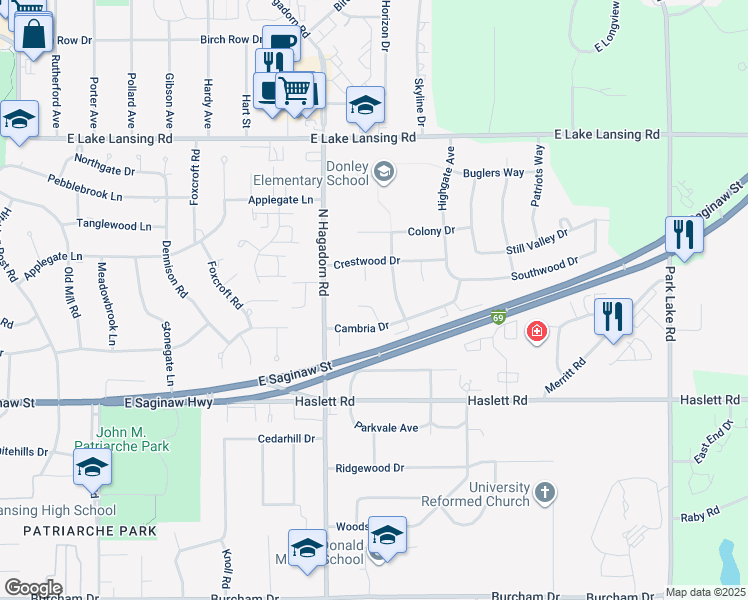 map of restaurants, bars, coffee shops, grocery stores, and more near 1442 Karlin Court in East Lansing