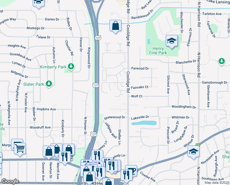map of restaurants, bars, coffee shops, grocery stores, and more near 1551 Pebblecreek Boulevard in East Lansing