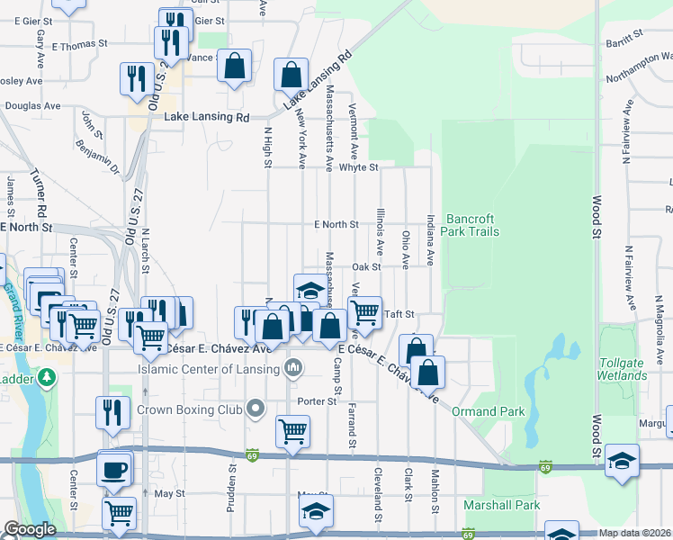 map of restaurants, bars, coffee shops, grocery stores, and more near 1432 Massachusetts Avenue in Lansing