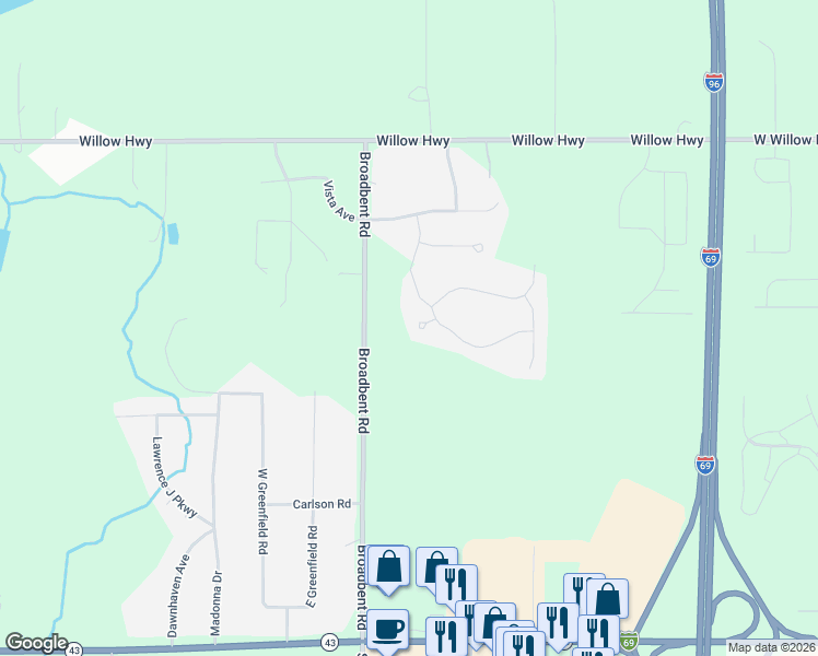map of restaurants, bars, coffee shops, grocery stores, and more near 8733 Mount Rainier Circle in Lansing