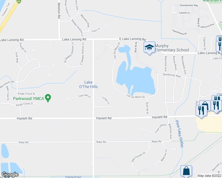 map of restaurants, bars, coffee shops, grocery stores, and more near 2005 Lac Du Mont Drive in Meridian charter Township