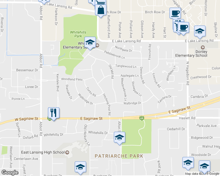 map of restaurants, bars, coffee shops, grocery stores, and more near 1515 Old Mill Road in East Lansing