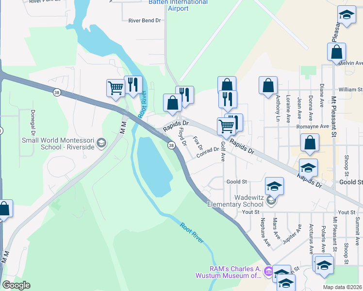 map of restaurants, bars, coffee shops, grocery stores, and more near 2338 Floyd Drive in Racine