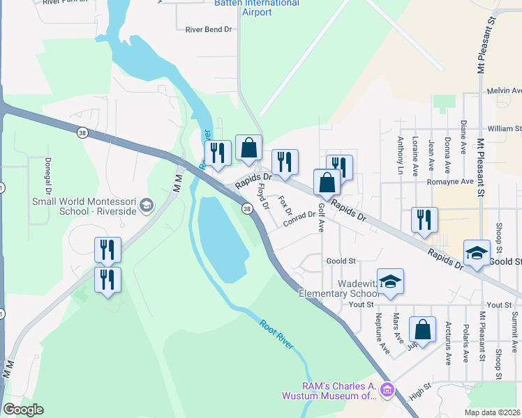 map of restaurants, bars, coffee shops, grocery stores, and more near 2338 Floyd Drive in Racine