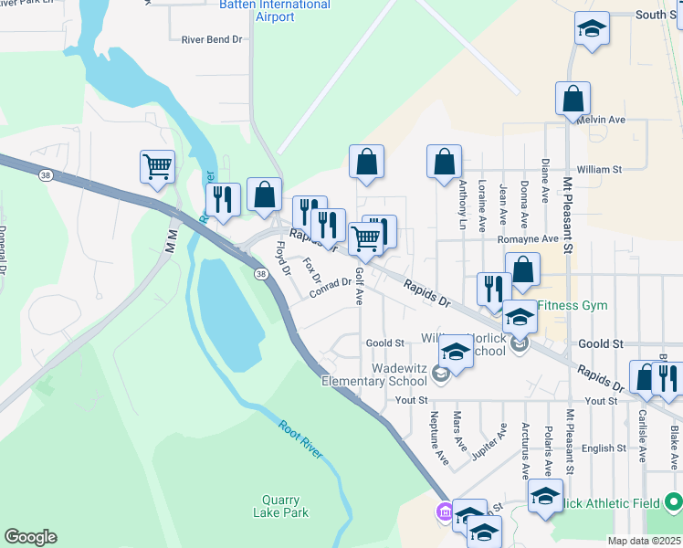 map of restaurants, bars, coffee shops, grocery stores, and more near 3118 Conrad Drive in Racine