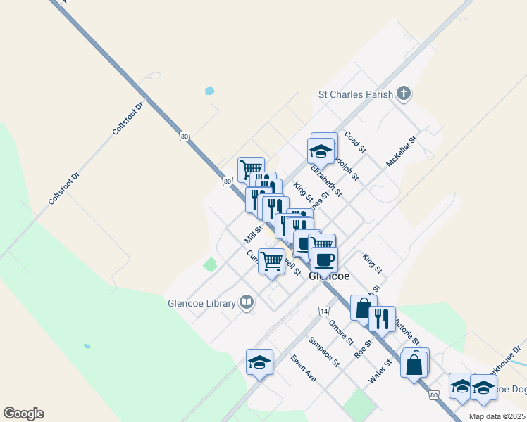 map of restaurants, bars, coffee shops, grocery stores, and more near 267 Main St in Glencoe