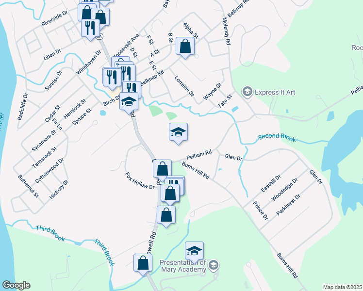 map of restaurants, bars, coffee shops, grocery stores, and more near 10 Pelham Road in Hudson