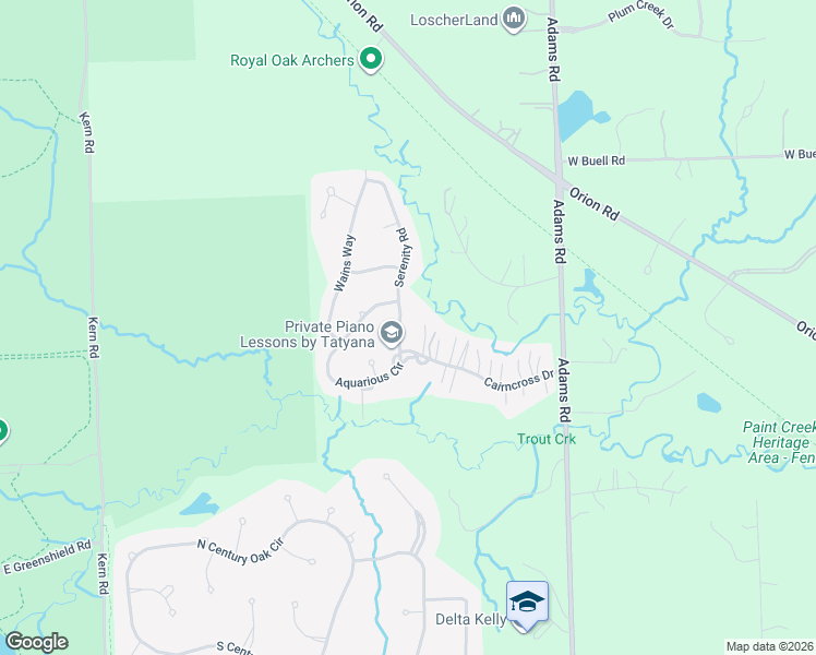 map of restaurants, bars, coffee shops, grocery stores, and more near 3325 Serenity Road in Oakland County